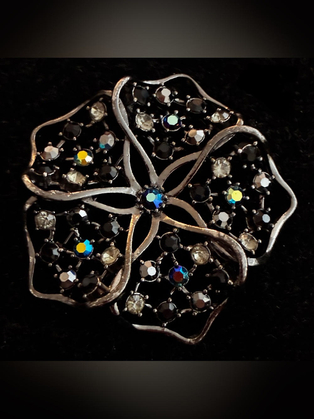 EUC Brooch Black Rhinestone Flower Pin Black & Clear & Blue Iridescent Stones @2